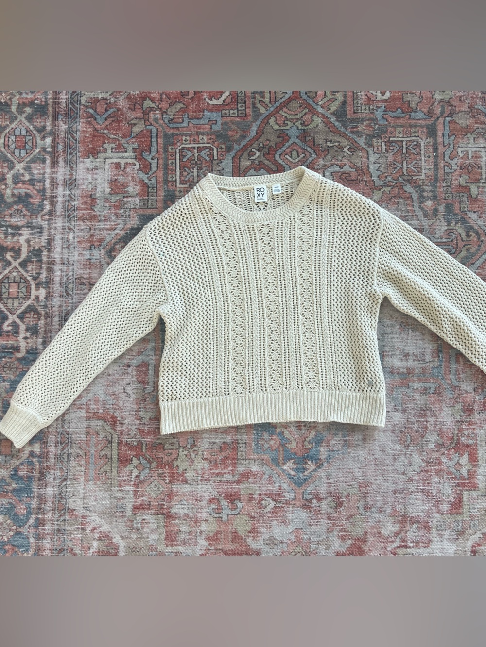 Roxy Cream Open-Knit Crewneck Sweater